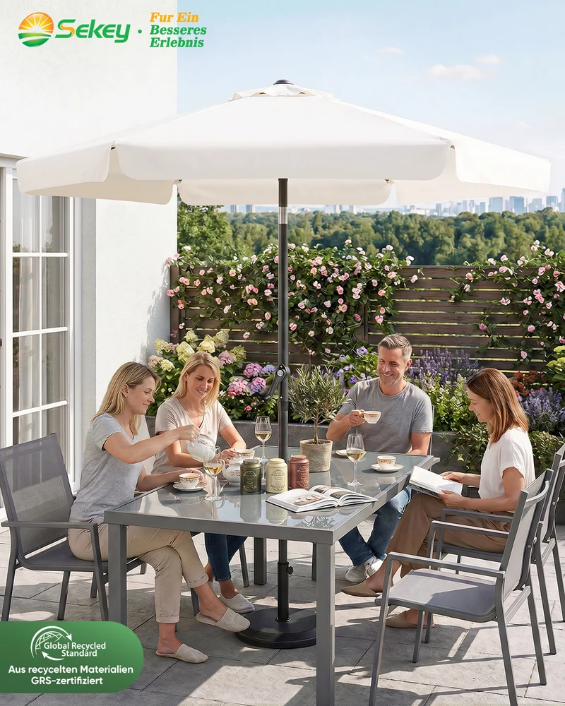 Sekey Sonnenschirm Ø200 cm rund mit Kurbel & Knickfunktion – Balkon Sonnenschirm UV50+, wetterfest & stabil für Terrasse, Garten & Camping