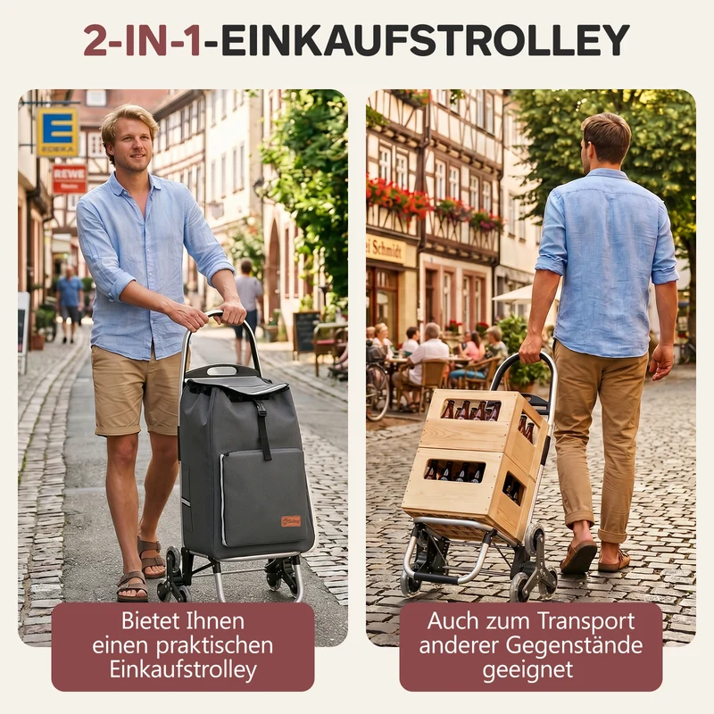 Sekey Einkaufstrolley 3-in-1 klappbar – 50L Einkaufswagen mit Kühlfach, Treppensteiger-Rädern & Sackkarren-Funktion, Aluminium