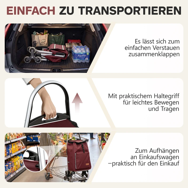 Sekey Einkaufstrolley 3-in-1 klappbar – 50L Einkaufswagen mit Kühlfach, Treppensteiger-Rädern & Sackkarren-Funktion, Aluminium