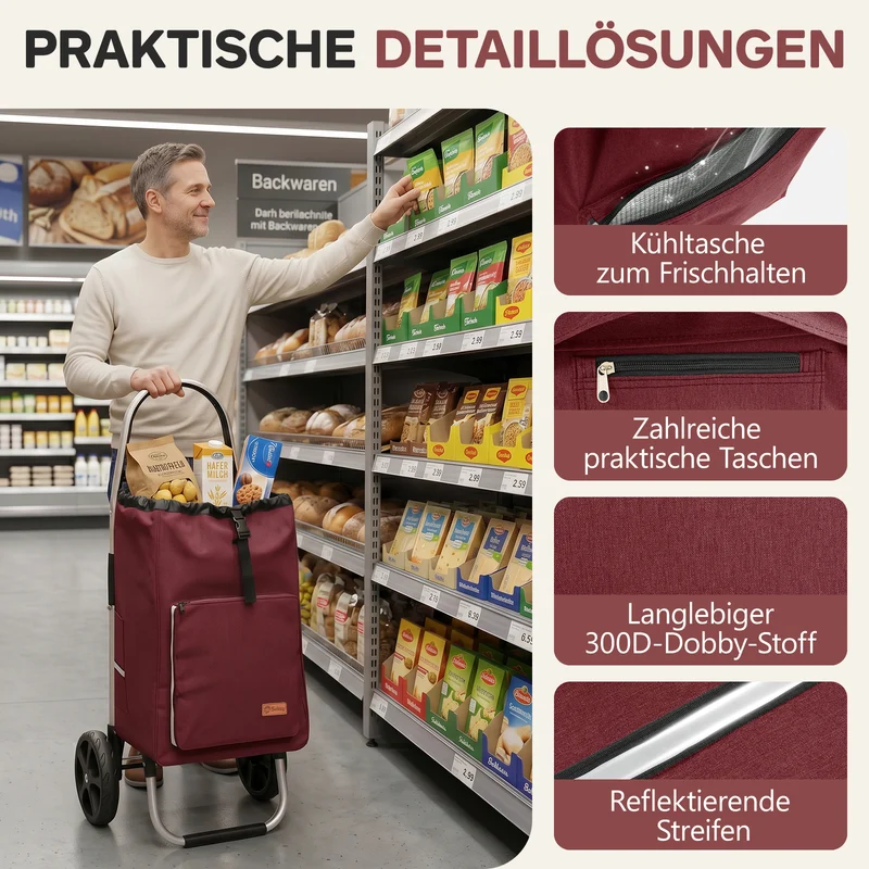 Sekey Einkaufstrolley 3-in-1 klappbar – 50L Einkaufswagen mit Kühlfach, großen Rädern & Sackkarren-Funktion, leichtes Aluminium