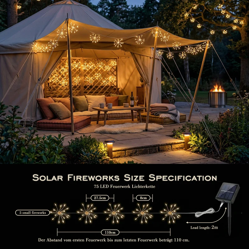 Salcar LED Solar Feuerwerk Lichterkette Außen – 75 LEDs, 8 Modi, Warmweiß Garten- & Weihnachtsdeko