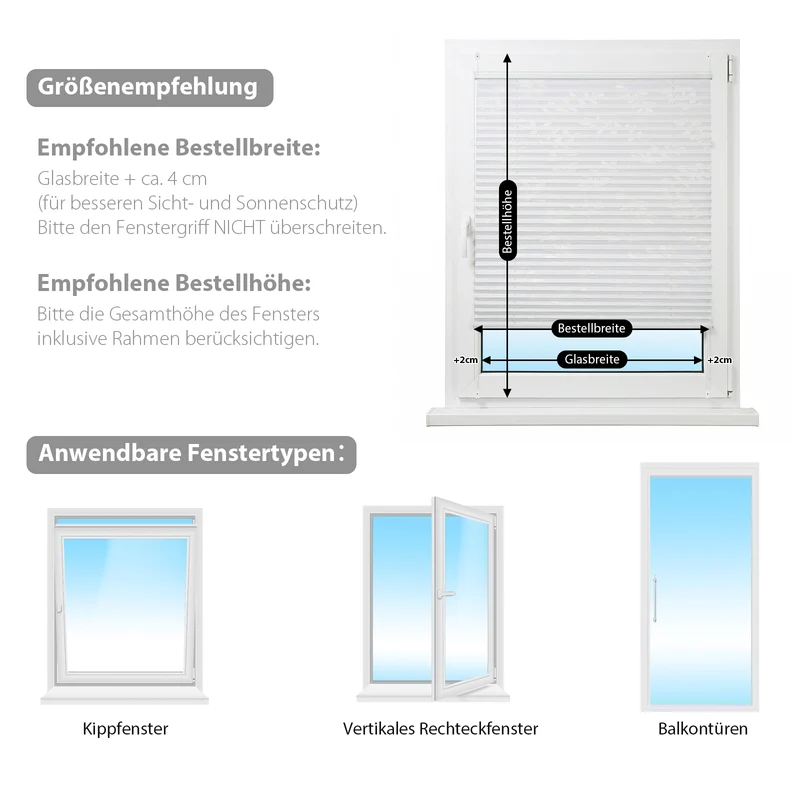 Sekey Klemmfix Plissee ohne Bohren – freihängend, verstellbare Spannung, 1,5 cm Alu-Schiene, Muster