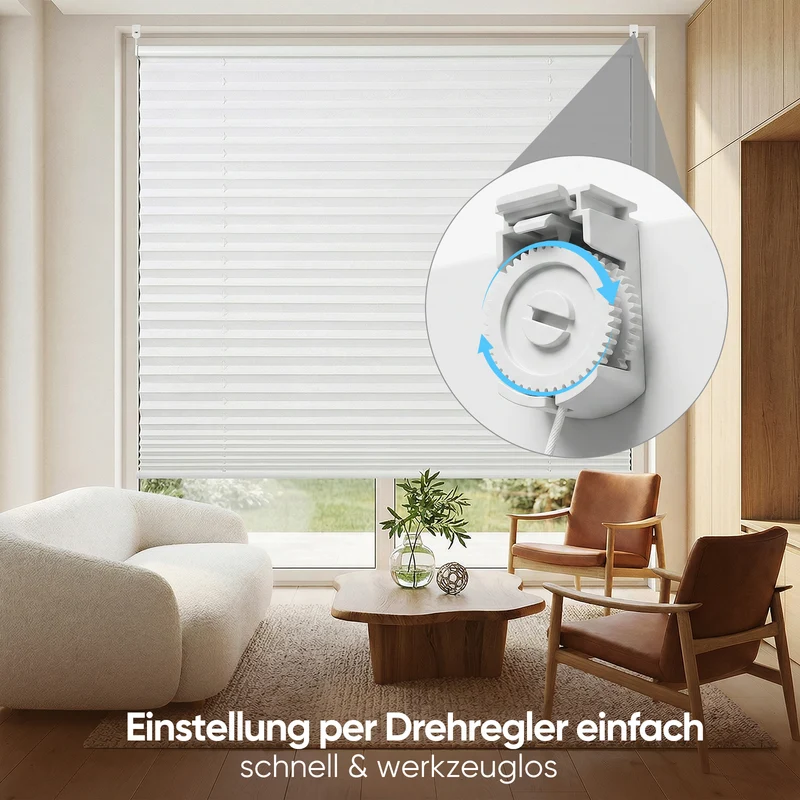 Sekey Klemmfix Plissee ohne Bohren – freihängend, verstellbare Schnurspanner, 1,5 cm Alu-Schiene, Weiß