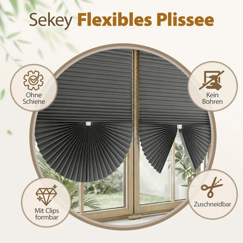 Sekey Klebefix Plissee 2er Set ohne Bohren – Schlichtes Grau, Dachfenster Plissee, höhenverstellbar & kürzbar, Sonnenschutz & UV-Schutz