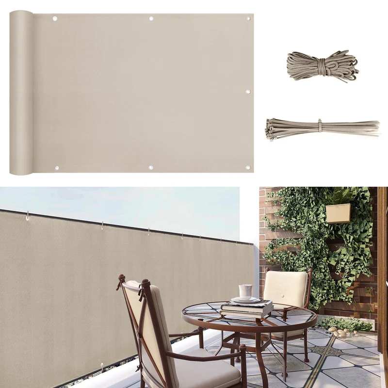 Sunula Balkon Sichtschutz, blickdicht, PES Balkonverkleidung, Windschutz, ohne Bohren, mit Nylon-Kabelbinder und Kordel, patentierte reißfeste Ösen, wetterfest, taupe