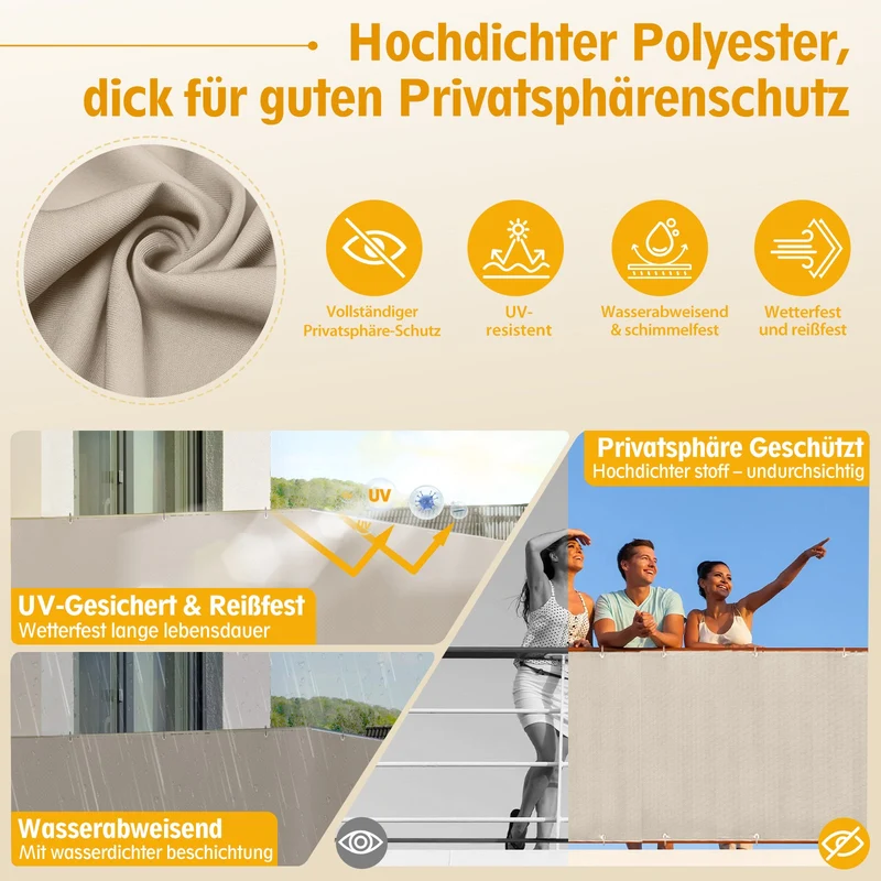 Sunula Balkon Sichtschutz, blickdicht, PES Balkonverkleidung, Windschutz, ohne Bohren, mit Nylon-Kabelbinder und Kordel, patentierte reißfeste Ösen, wetterfest, taupe