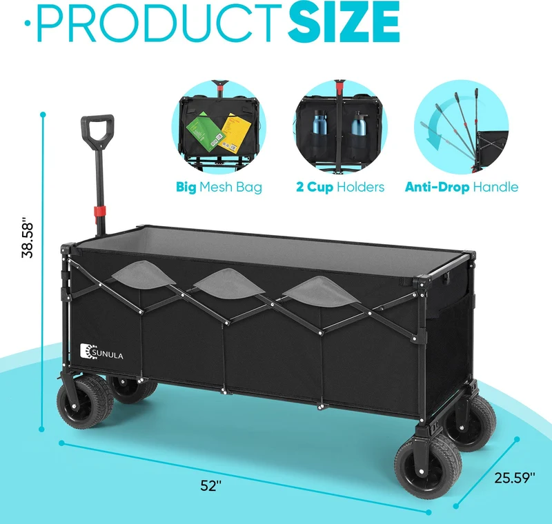 Sekey Faltbarer Bollerwagen 400 L, Extra Lang (110 cm), 200 kg Tragkraft, Schwerlast Transportwagen mit Geländerädern & Getränkehalter – Für Strand, Camping & Garten