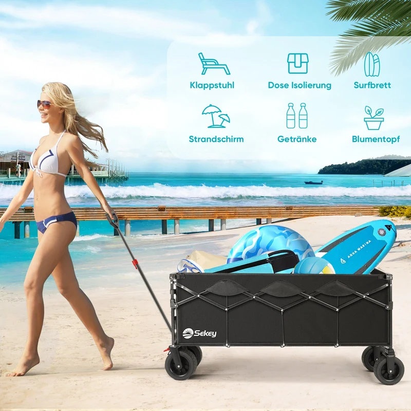 Sekey Faltbarer Bollerwagen 400 L, Extra Lang (110 cm), 200 kg Tragkraft, Schwerlast Transportwagen mit Geländerädern & Getränkehalter – Für Strand, Camping & Garten