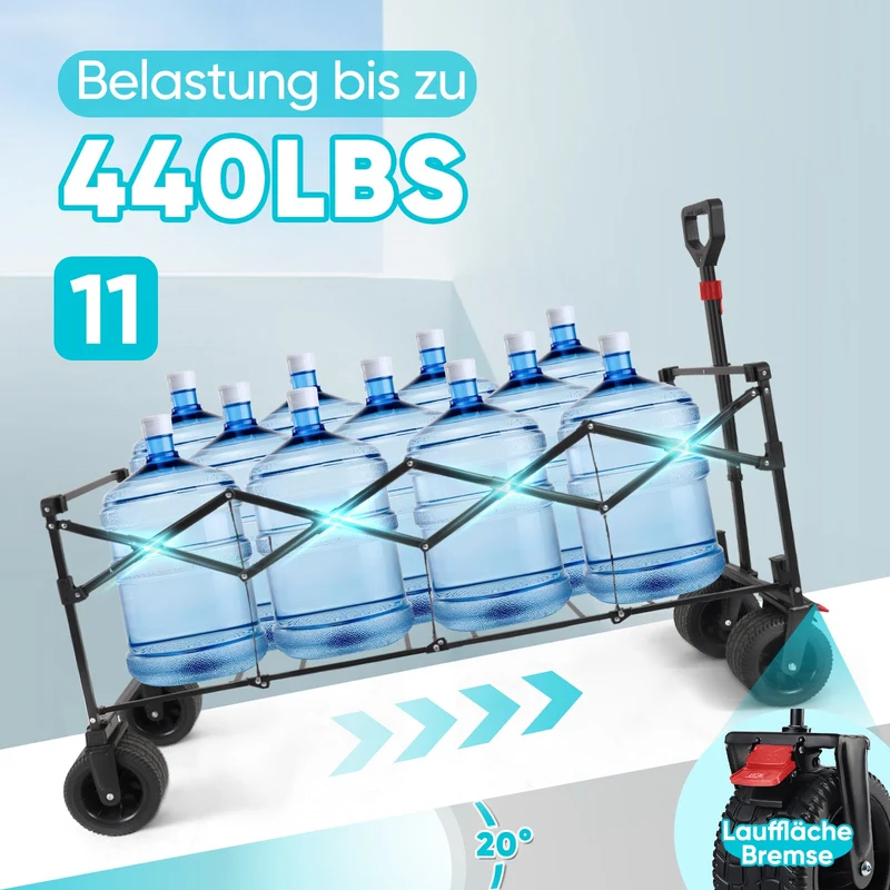 Sekey Faltbarer Bollerwagen 400 L, Extra Lang (110 cm), 200 kg Tragkraft, Schwerlast Transportwagen mit Geländerädern & Getränkehalter – Für Strand, Camping & Garten