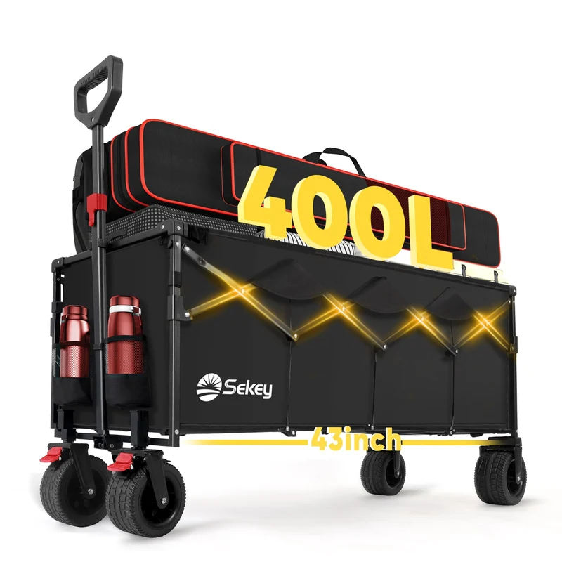 Sekey Faltbarer Bollerwagen 400 L, Extra Lang (110 cm), 200 kg Tragkraft, Schwerlast Transportwagen mit Geländerädern & Getränkehalter – Für Strand, Camping & Garten