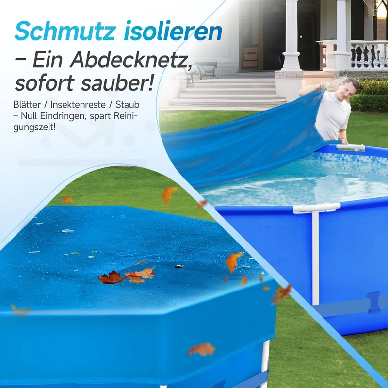 Sekey Poolabdeckung rund, passend für runde Stahlrahmenpools, reißfest und winddicht, mit verstellbaren Schnallen und Klettverschluss, blau