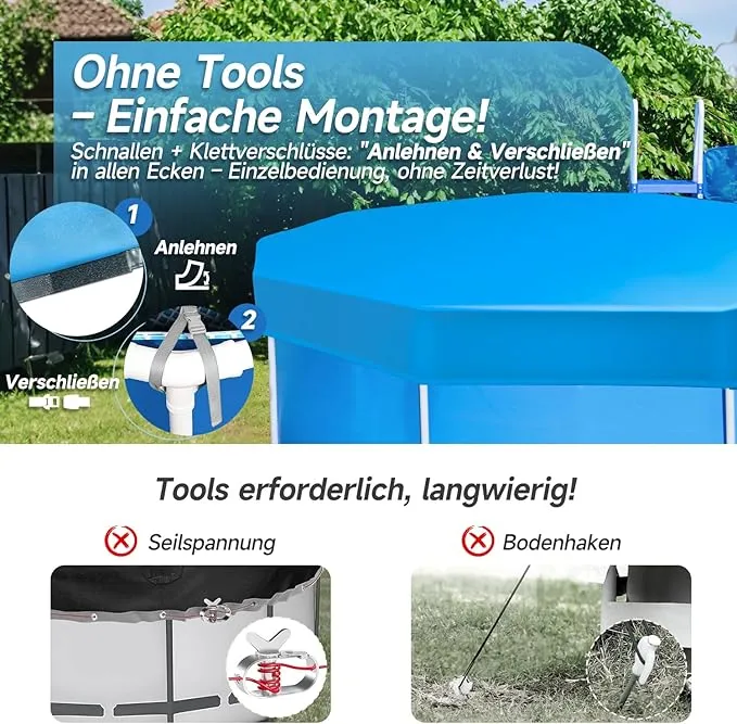 Sekey Poolabdeckung rund, passend für runde Stahlrahmenpools, reißfest und winddicht, mit verstellbaren Schnallen und Klettverschluss, blau