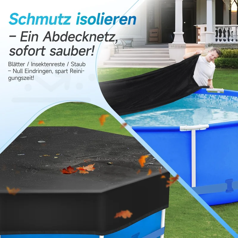 Sekey Poolabdeckung rund, passend für Stahlrahmenpools, reißfest und winddicht, mit verstellbaren Schnallen und Klettverschluss, schwarz