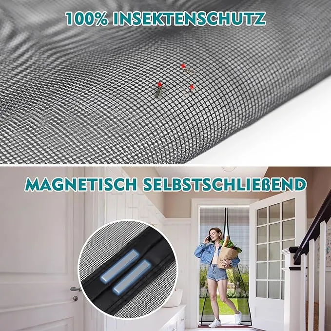 Sekey Magnet Fliegengitter für Balkontüren – Zuschneidbar & selbstklebend, ohne Bohren (bis 155x245 cm, Schwarz)