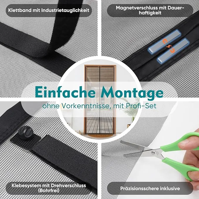 Sekey Magnet Fliegengitter für Balkontüren – Zuschneidbar & selbstklebend, ohne Bohren (bis 155x245 cm, Schwarz)