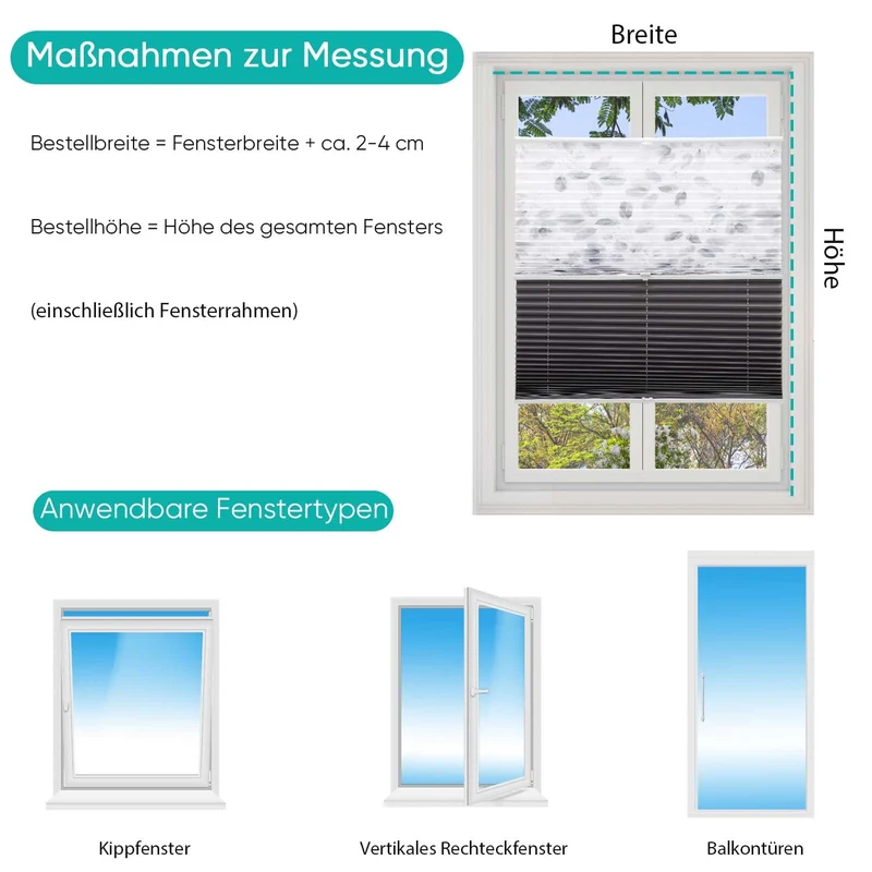 Sekey Plissee Day Night, ohne Bohren, verdunkelnd, lichtdurchlässig, verspannt, mit stilvollem Blätterdruck