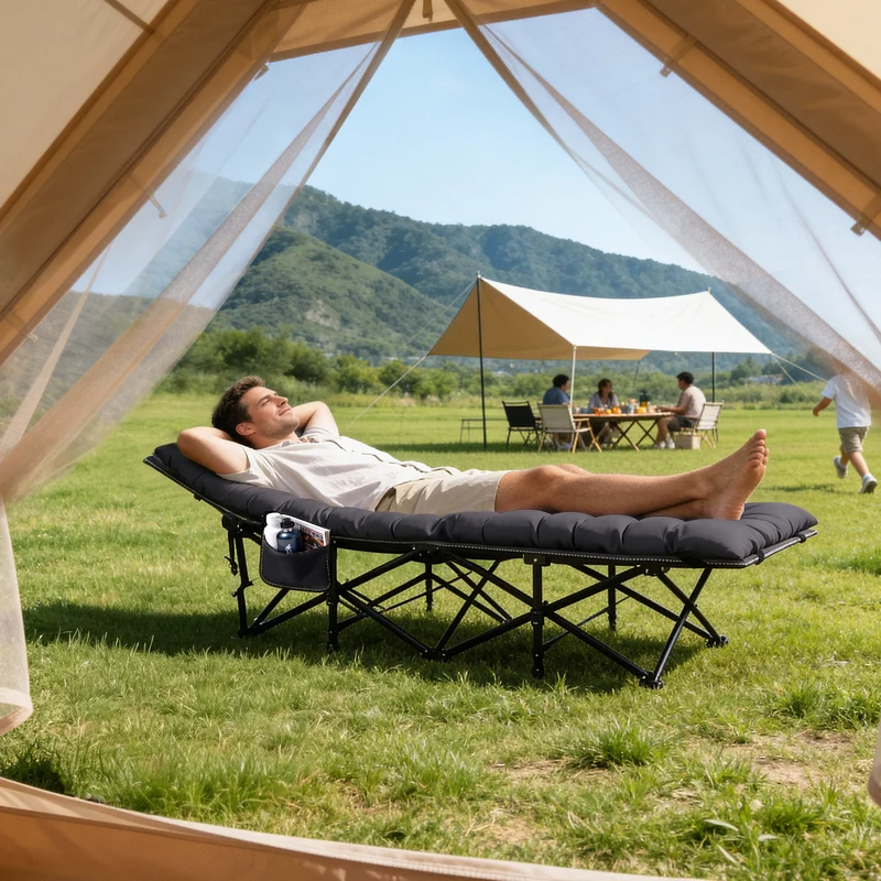 Sekey Feldbett Campingbett Klappbar 190 × 71 × 35 cm – Campingliege mit 7 cm Matratze, Klappbett bis 200 kg, Angelliege aus 1200D Oxford-Gewebe, Schwarz