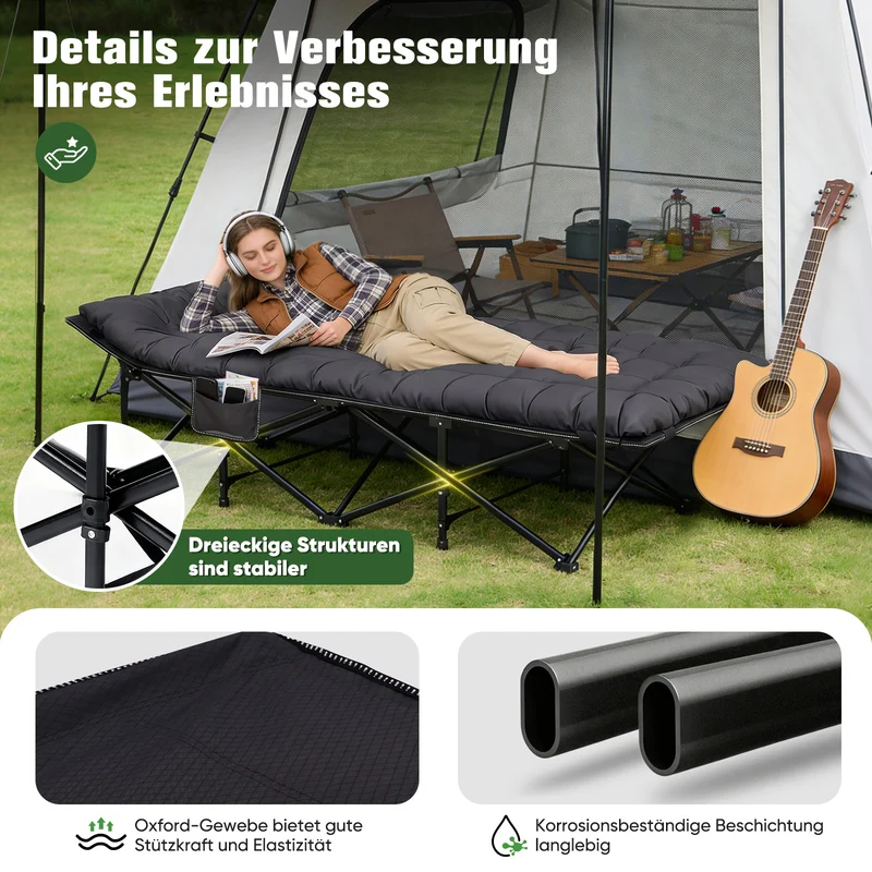 Sekey Feldbett Campingbett Klappbar 190 × 71 × 35 cm – Campingliege mit 7 cm Matratze, Klappbett bis 200 kg, Angelliege aus 1200D Oxford-Gewebe, Schwarz