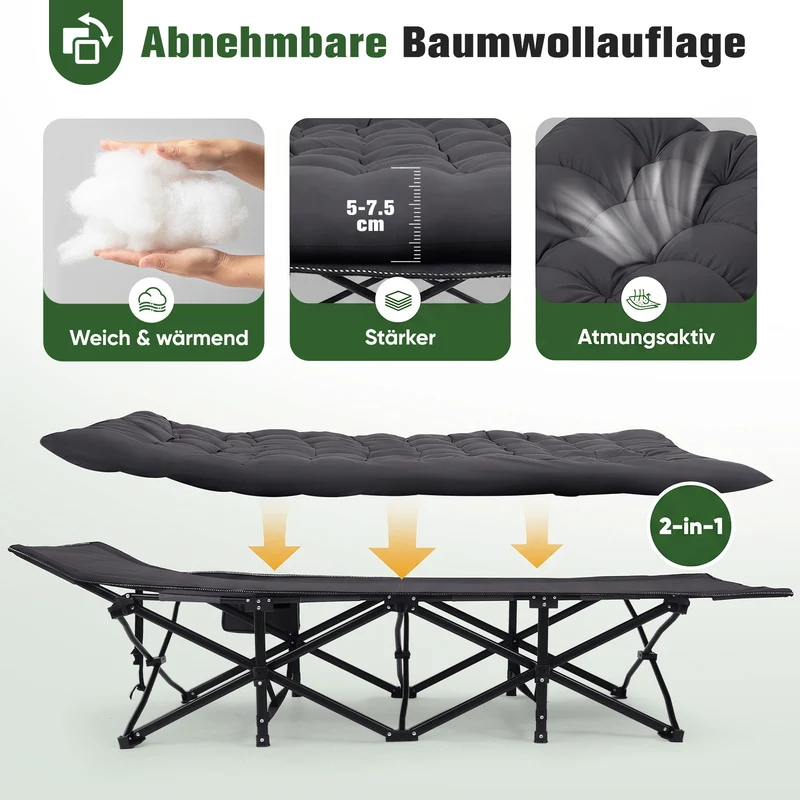Sekey Feldbett Campingbett Klappbar 190 × 71 × 35 cm – Campingliege mit 7 cm Matratze, Klappbett bis 200 kg, Angelliege aus 1200D Oxford-Gewebe, Schwarz