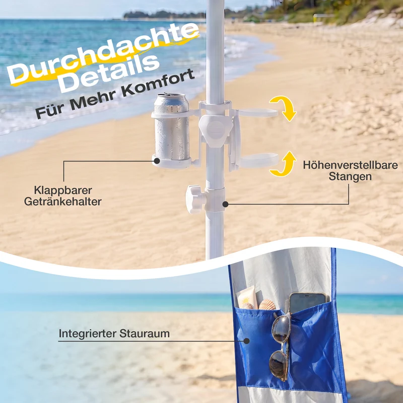 Sekey Strandmuschel Pop Up 240 × 240 cm für 4–6 Personen – Höhenverstellbares Strandzelt mit Seitenvorhang, UV50+ Sonnenschutz, Windfest mit Sandsäcken & Schraubheringen, Blau