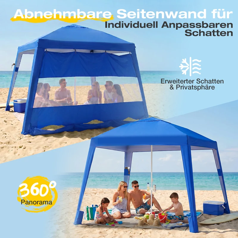 Sekey Strandmuschel Pop Up 240 × 240 cm für 4–6 Personen – Höhenverstellbares Strandzelt mit Seitenvorhang, UV50+ Sonnenschutz, Windfest mit Sandsäcken & Schraubheringen, Blau