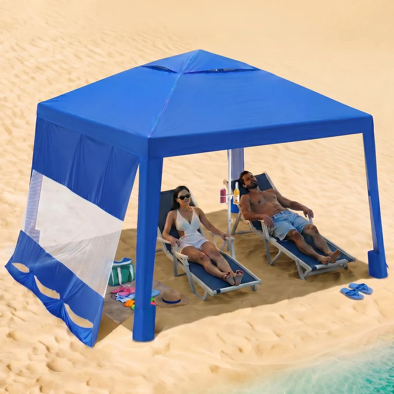 Sekey Strandmuschel Pop Up 240 × 240 cm für 4–6 Personen – Höhenverstellbares Strandzelt mit Seitenvorhang, UV50+ Sonnenschutz, Windfest mit Sandsäcken & Schraubheringen, Blau