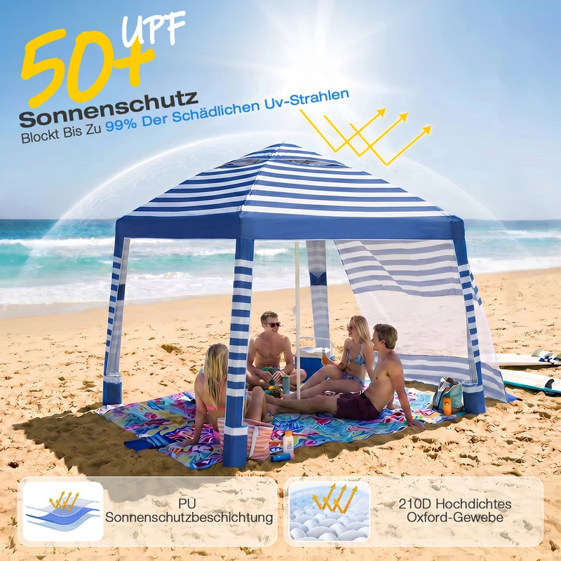 Sekey Strandmuschel Pop Up 240 × 240 cm für 4–6 Personen – Höhenverstellbares Strandzelt mit Seitenvorhang, UV50+ Sonnenschutz, Windfest mit Sandsäcken & Schraubheringen, Blau Gestreift