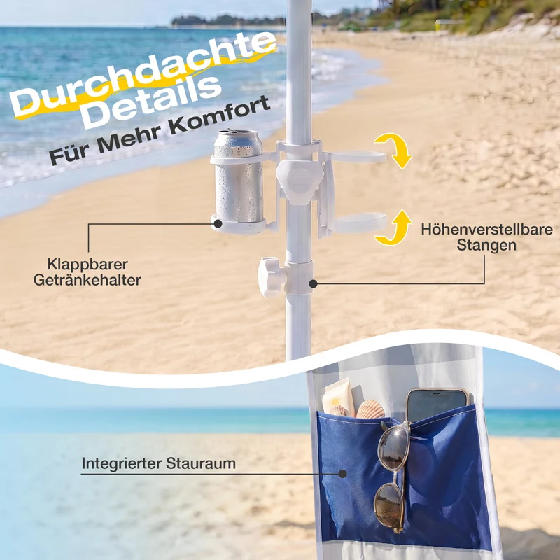 Sekey Strandmuschel Pop Up 240 × 240 cm für 4–6 Personen – Höhenverstellbares Strandzelt mit Seitenvorhang, UV50+ Sonnenschutz, Windfest mit Sandsäcken & Schraubheringen, Blau Gestreift
