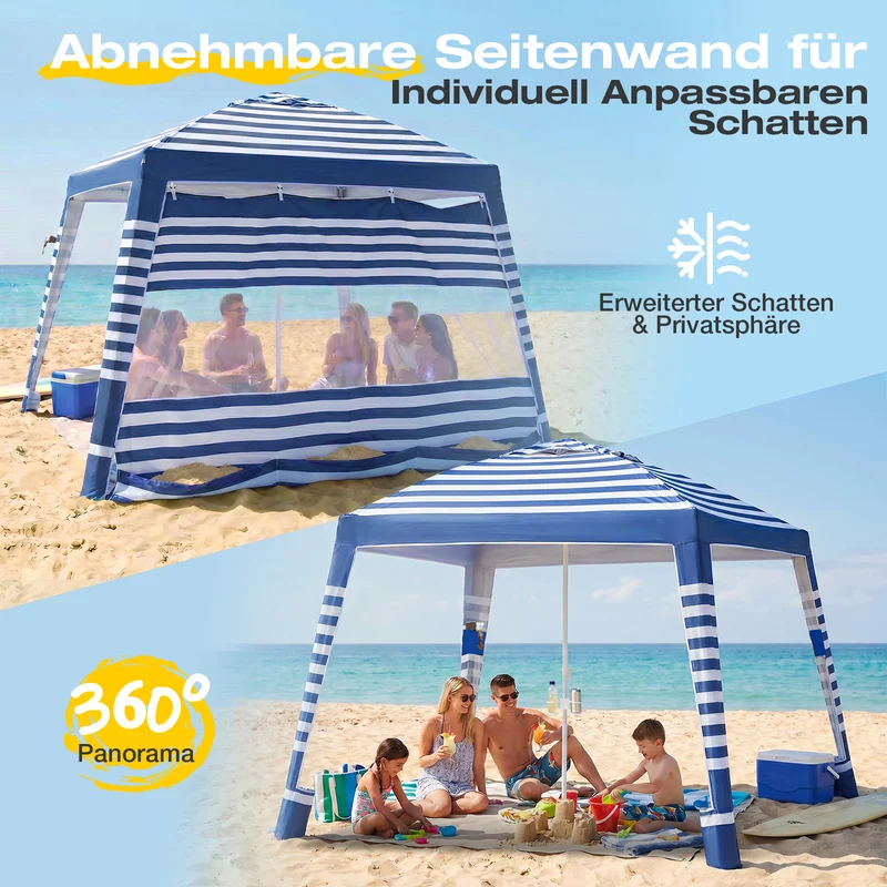 Sekey Strandmuschel Pop Up 240 × 240 cm für 4–6 Personen – Höhenverstellbares Strandzelt mit Seitenvorhang, UV50+ Sonnenschutz, Windfest mit Sandsäcken & Schraubheringen, Blau Gestreift