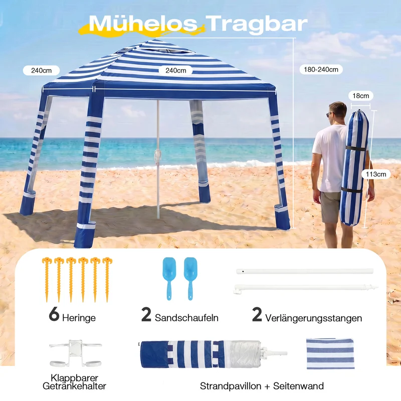 Sekey Strandmuschel Pop Up 240 × 240 cm für 4–6 Personen – Höhenverstellbares Strandzelt mit Seitenvorhang, UV50+ Sonnenschutz, Windfest mit Sandsäcken & Schraubheringen, Blau Gestreift