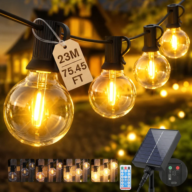 Salcar G40 Solar Lichterkette Außen 23,2 m (30+1 Glühbirnen), LED Solar Gartenbeleuchtung Outdoor, Warmweiß, Solar & USB aufladbar, Fernbedienung, 8 Modi, Dimmbar, Timer, IP44 wetterfest für Garten, Balkon & Terrasse