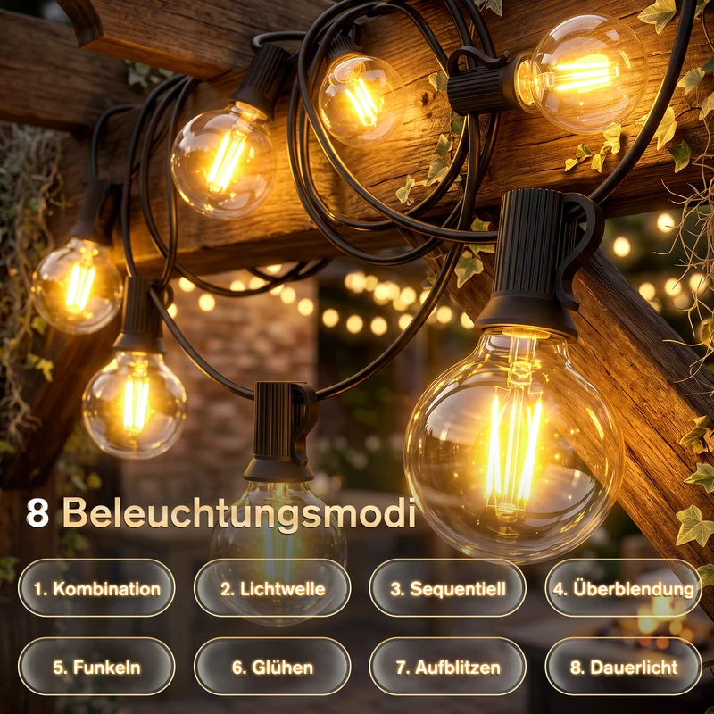 Salcar G40 Solar Lichterkette Außen 23,2 m (30+1 Glühbirnen), LED Solar Gartenbeleuchtung Outdoor, Warmweiß, Solar & USB aufladbar, Fernbedienung, 8 Modi, Dimmbar, Timer, IP44 wetterfest für Garten, Balkon & Terrasse