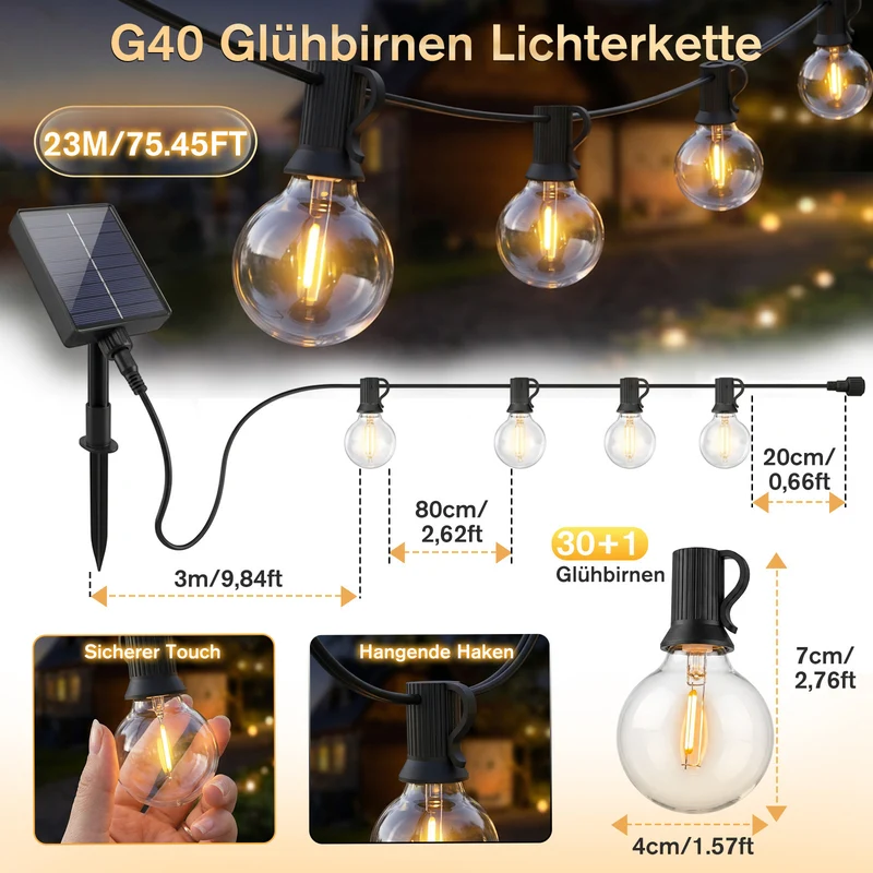 Salcar G40 Solar Lichterkette Außen 23,2 m (30+1 Glühbirnen), LED Solar Gartenbeleuchtung Outdoor, Warmweiß, Solar & USB aufladbar, Fernbedienung, 8 Modi, Dimmbar, Timer, IP44 wetterfest für Garten, Balkon & Terrasse