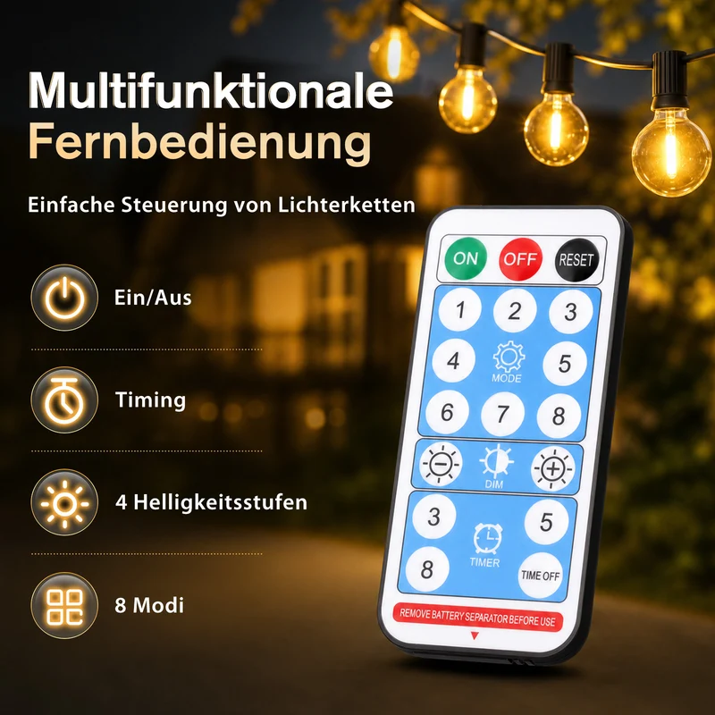 Salcar G40 Solar Lichterkette Außen 15 m (20+1 Glühbirnen), LED Solar Gartenleuchte Outdoor, Warmweiß, Solar & USB aufladbar, Fernbedienung, 8 Modi, Dimmbar, Timer, IP44 wetterfest für Garten, Balkon & Terrasse