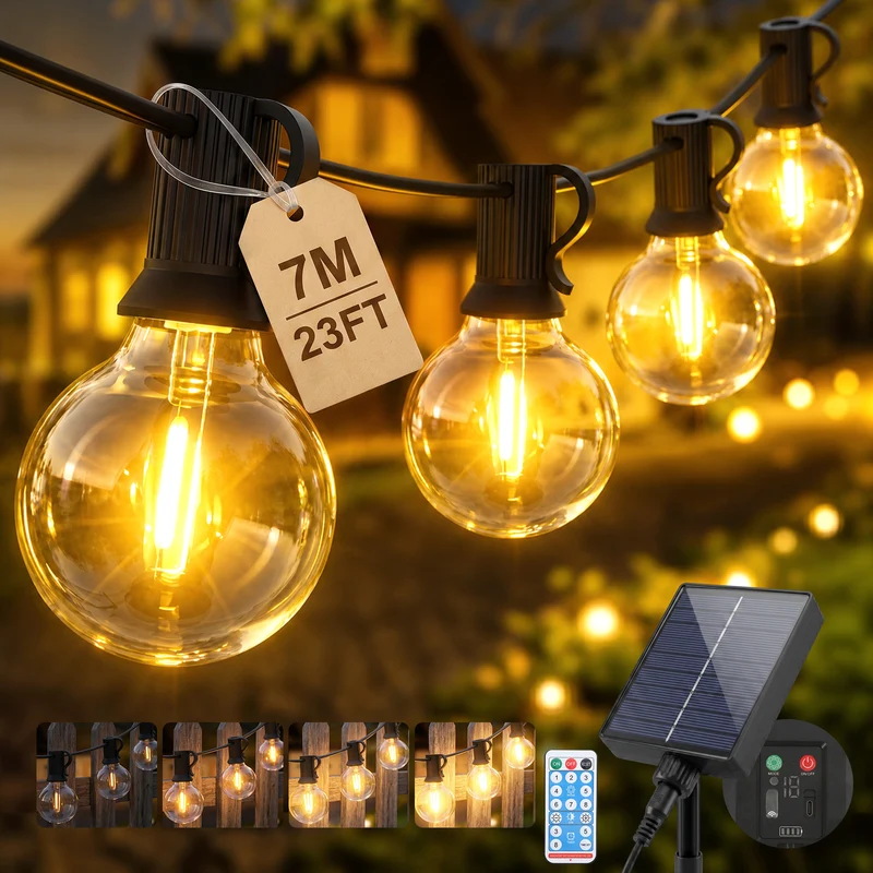 Salcar G40 Solar Lichterkette Außen 7m, 23FT, LED Solarleuchte Outdoor, Warmweiß, Solar & USB aufladbar, Fernbedienung, 8 Modi, Dimmbar, Timer, IP44 wetterfest für Garten, Balkon & Terrasse