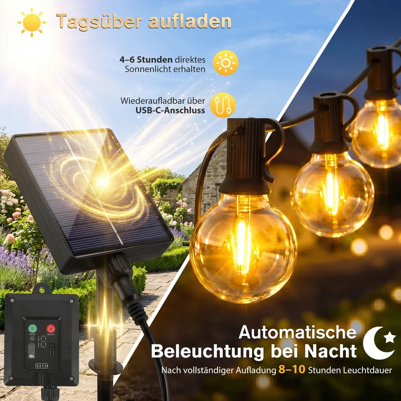 Salcar G40 Solar Lichterkette Außen 7m, 23FT, LED Solarleuchte Outdoor, Warmweiß, Solar & USB aufladbar, Fernbedienung, 8 Modi, Dimmbar, Timer, IP44 wetterfest für Garten, Balkon & Terrasse