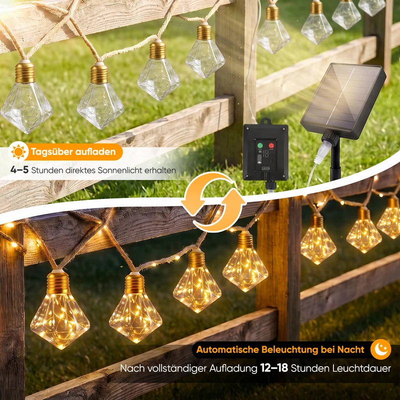 Salcar LED Solar Hanfseil Lichterkette Outdoor Vintage, 8 m (5 m Lichterkette + 3 m Zuleitung), 10 Diamant-Glühbirnen mit 149 LEDs, Warmweiß, Solar & USB aufladbar, Fernbedienung, 8 Lichtmodi, Wetterfest für Garten, Balkon & Terrasse