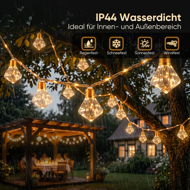Salcar LED Solar Hanfseil Lichterkette Outdoor Vintage, 8 m (5 m Lichterkette + 3 m Zuleitung), 10 Diamant-Glühbirnen mit 149 LEDs, Warmweiß, Solar & USB aufladbar, Fernbedienung, 8 Lichtmodi, Wetterfest für Garten, Balkon & Terrasse