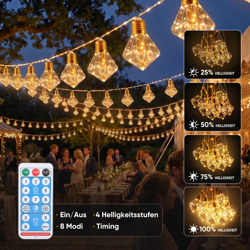 Salcar LED Solar Hanfseil Lichterkette Outdoor Vintage, 8 m (5 m Lichterkette + 3 m Zuleitung), 10 Diamant-Glühbirnen mit 149 LEDs, Warmweiß, Solar & USB aufladbar, Fernbedienung, 8 Lichtmodi, Wetterfest für Garten, Balkon & Terrasse