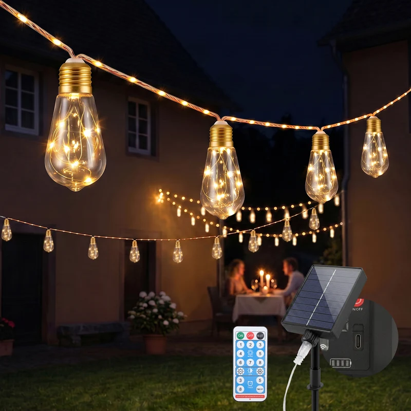Salcar LED Solar Hanfseil Lichterkette Outdoor Vintage, 8 m (5 m Lichterkette + 3 m Zuleitung), 10 lange LED-Glühbirnen mit 149 LEDs, Warmweiß, Solar & USB aufladbar, Fernbedienung, 8 Lichtmodi, Wetterfest für Garten, Balkon & Terrasse