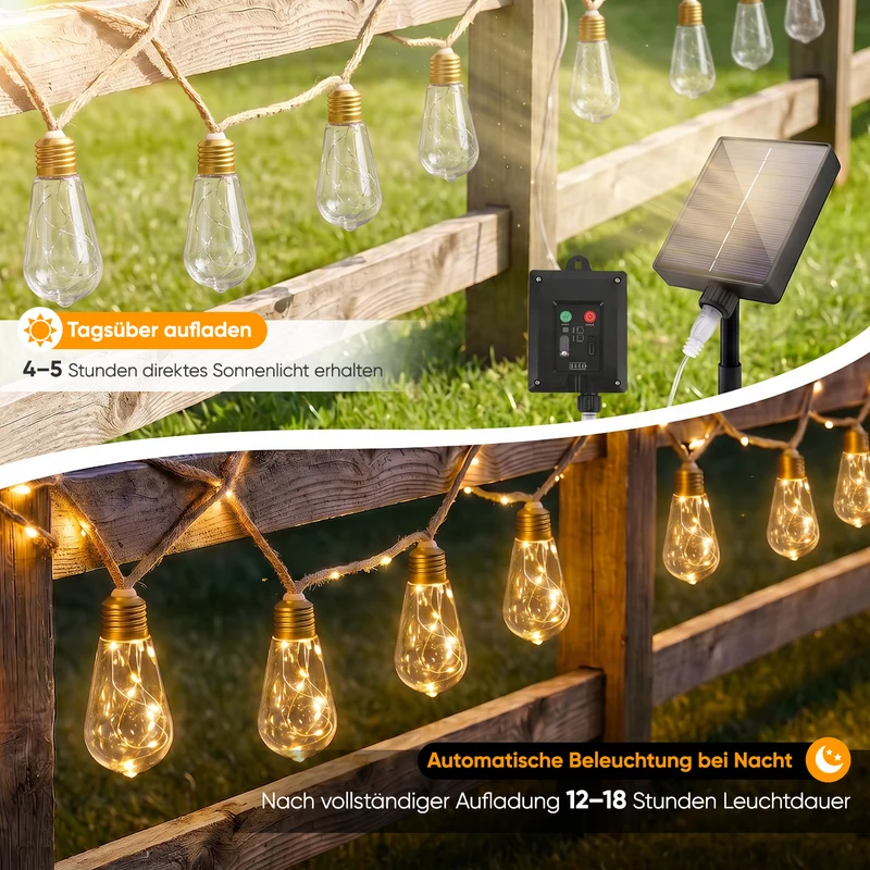 Salcar LED Solar Hanfseil Lichterkette Outdoor Vintage, 8 m (5 m Lichterkette + 3 m Zuleitung), 10 lange LED-Glühbirnen mit 149 LEDs, Warmweiß, Solar & USB aufladbar, Fernbedienung, 8 Lichtmodi, Wetterfest für Garten, Balkon & Terrasse