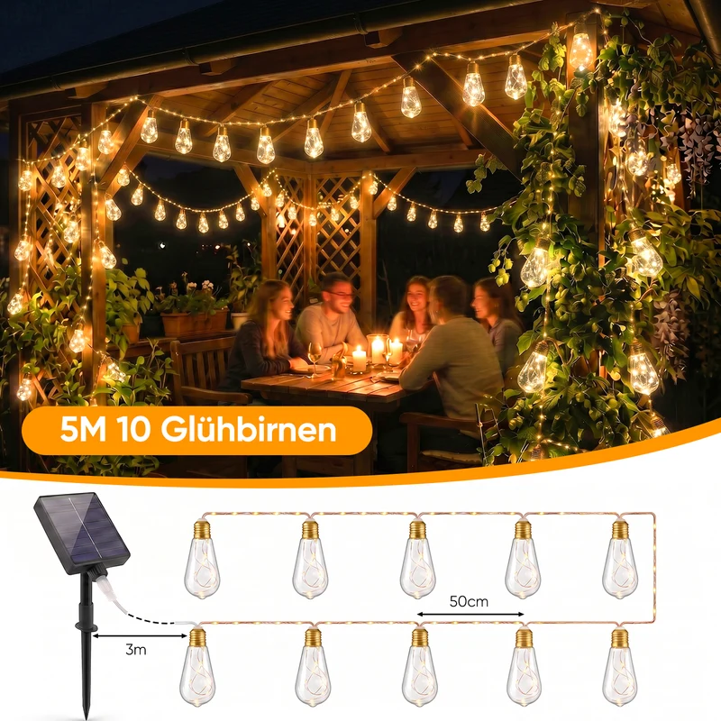Salcar LED Solar Hanfseil Lichterkette Outdoor Vintage, 8 m (5 m Lichterkette + 3 m Zuleitung), 10 lange LED-Glühbirnen mit 149 LEDs, Warmweiß, Solar & USB aufladbar, Fernbedienung, 8 Lichtmodi, Wetterfest für Garten, Balkon & Terrasse