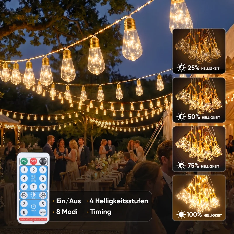 Salcar LED Solar Hanfseil Lichterkette Outdoor Vintage, 8 m (5 m Lichterkette + 3 m Zuleitung), 10 lange LED-Glühbirnen mit 149 LEDs, Warmweiß, Solar & USB aufladbar, Fernbedienung, 8 Lichtmodi, Wetterfest für Garten, Balkon & Terrasse