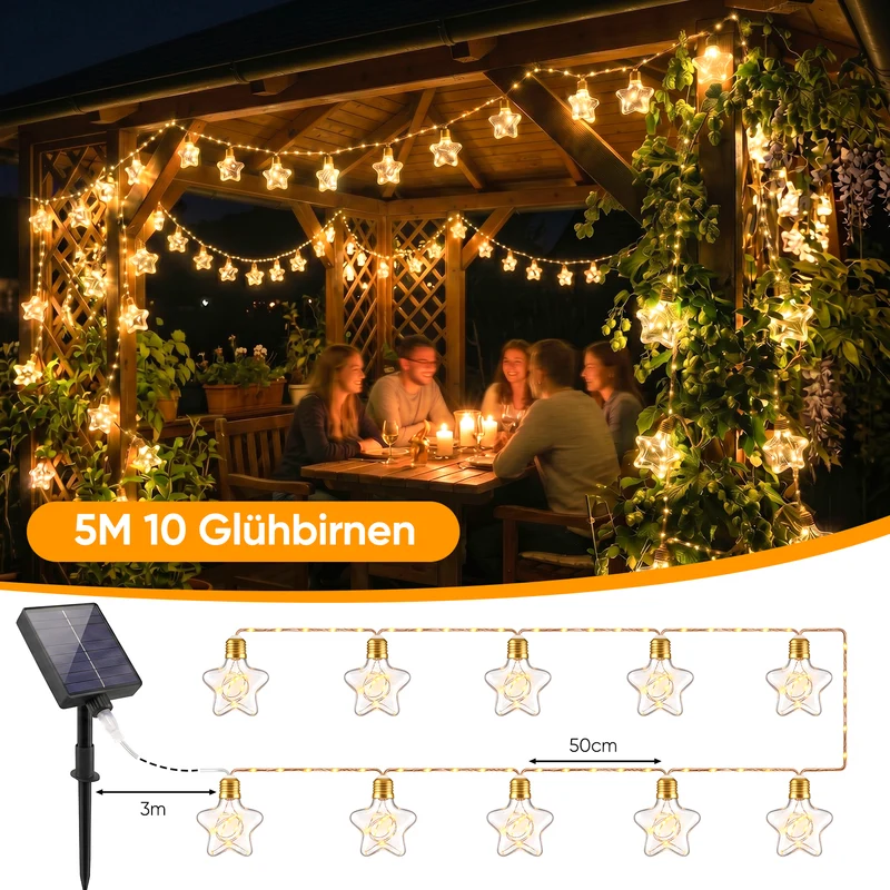 Salcar LED Solar Hanfseil Lichterkette Außen Vintage, 8 m (5 m + 3 m), 10 Glühbirnen mit 149 LEDs, Warmweiß, Solar & USB aufladbar, Fernbedienung, 8 Lichtmodi, Wetterfest für Garten, Balkon & Terrasse