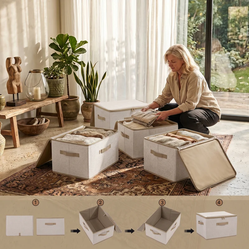 Sekey Aufbewahrungsboxen mit Deckel & Griffen – Faltbare Stoffboxen Organizer 50×30×30 cm, stapelbar für Kleiderschrank & Regal – 3er/6er Set, Beige