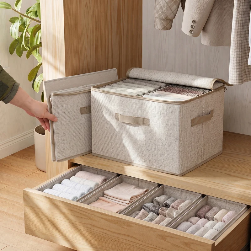 Sekey Aufbewahrungsboxen mit Deckel & Griffen – Faltbare Stoffboxen Organizer 50×30×30 cm, stapelbar für Kleiderschrank & Regal – 3er/6er Set, Beige