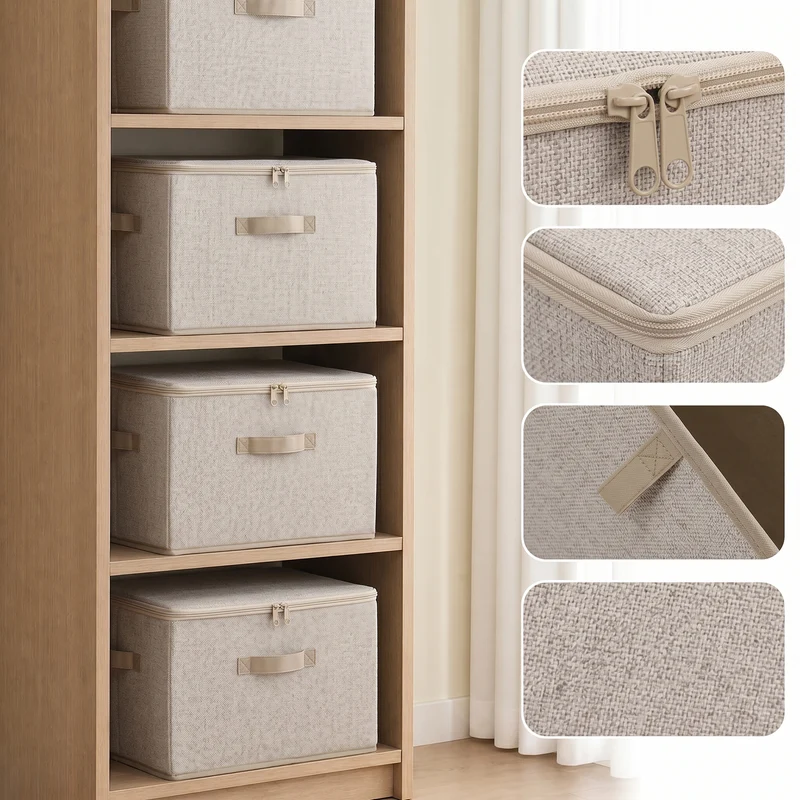 Sekey Aufbewahrungsboxen mit Deckel & Griffen – Faltbare Stoffboxen Organizer 50×30×30 cm, stapelbar für Kleiderschrank & Regal – 3er/6er Set, Beige