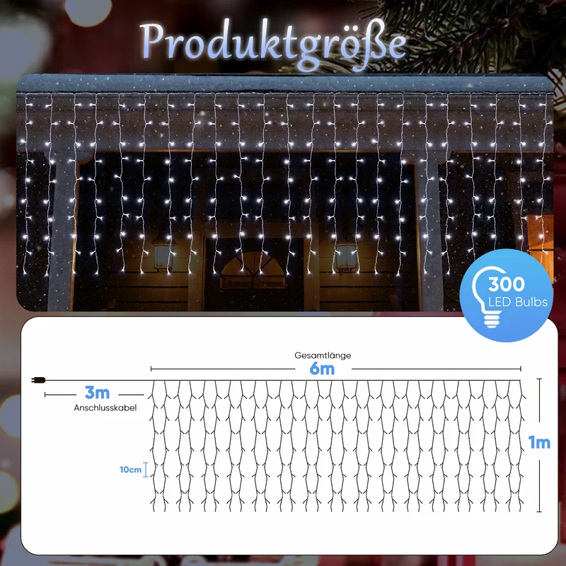 Salcar LED Eisregen Fenster Lichtervorhang – Kaltweiß, 8 Modi, Timer & Memory, IP44 Wasserdicht – Für Innen & Außen, Weihnachtsbeleuchtung für Fenster, Balkon & Wand (2m/3m/6m)