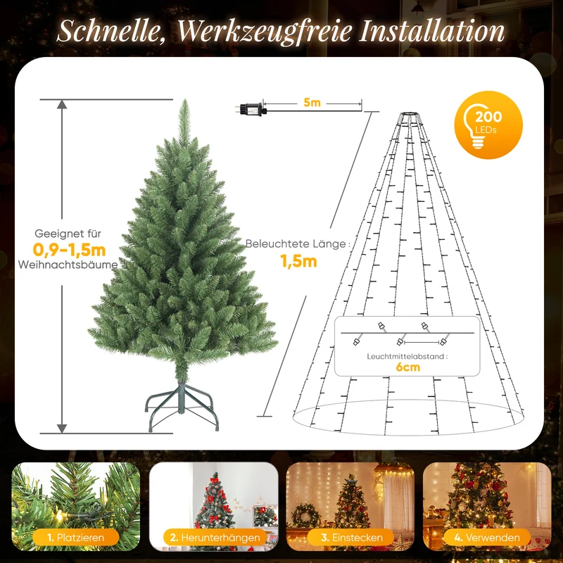 Salcar Weihnachtsbaum Lichterkette mit Ring & Girlanden – Warmweiß & Bunt, 9 Modi, Timer & Speicherfunktion, IP44 Wasserdicht – Für 0,9m bis 3,5m Tannenbäume