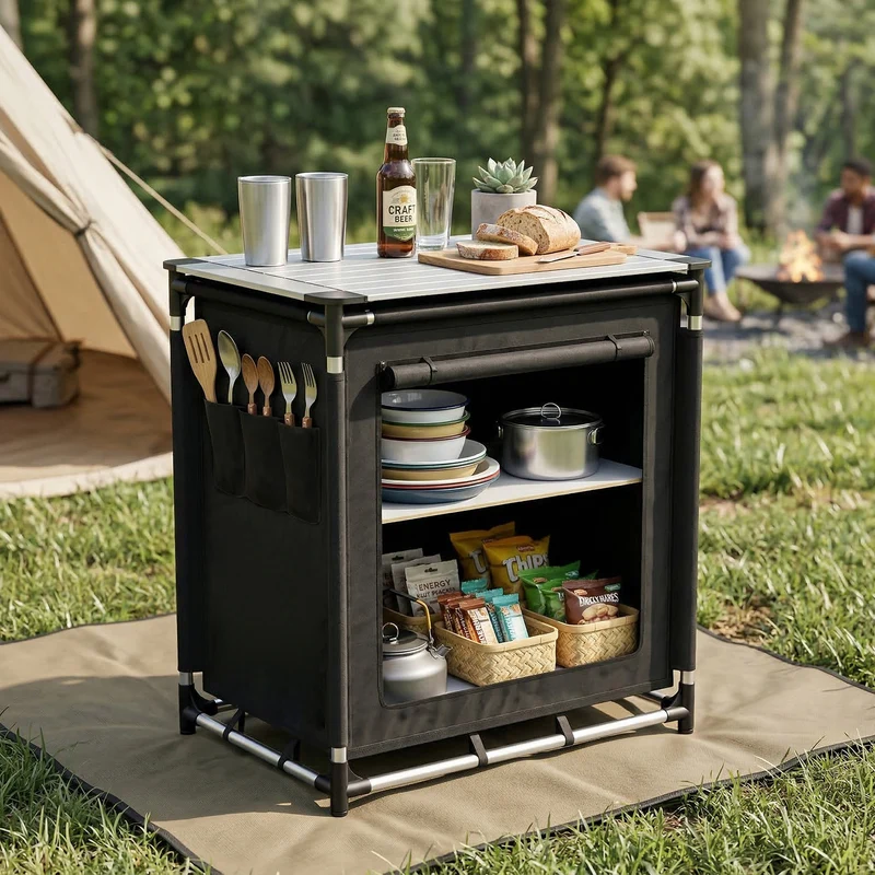 Sekey Campingschrank Faltbar 77x52x76 cm – Campingküche mit Aluminiumgestell & Arbeitsfläche, Tragbar, 2 Stofffächer, Outdoor Tisch
